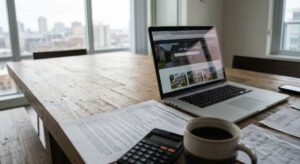 Drewniany stół przy oknie, na którym stoją otwarty laptop ze stroną z ogłoszeniami nieruchomości, kalkulator, kubek kawy, wydrukowana umowa kupna oraz kartki z notatkami kwot – kadr ilustruje proces zakupu mieszkania od pierwszego ogłoszenia po wyliczanie podatków.