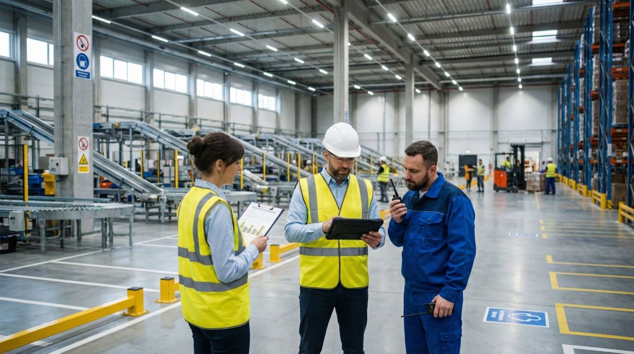 Specjaliści BHP przeprowadzają kontrolę bezpieczeństwa w hali magazynowej na Śląsku – outsourcing BHP i PPOŻ w firmie produkcyjnej