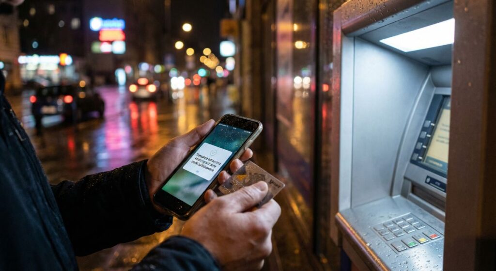 Nocna scena przy bankomacie: użytkownik sprawdza na smartfonie powiadomienie o zablokowanych środkach, trzymając kartę w ręku.