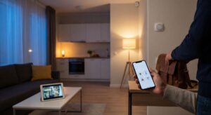 Wieczorna scena w mieszkaniu: sterowanie oświetleniem i zabezpieczeniami z telefonu, obok stoi torba na stoliku.