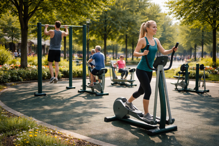 Zewnętrzna siłownia plenerowa z kobietą ćwiczącą na orbitreku w parku w słoneczny dzień