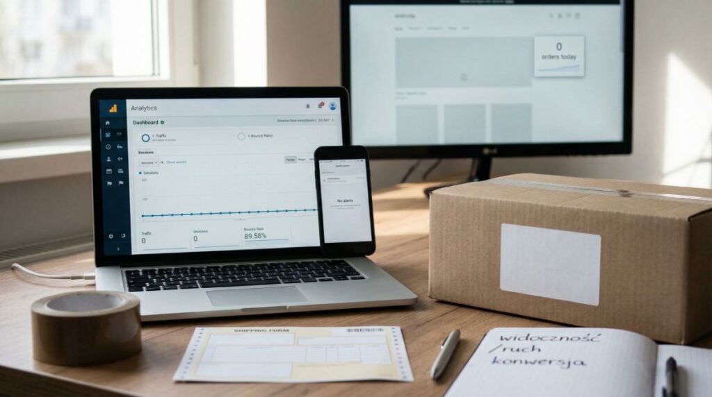 Ekrany z dashboardem sklepu i analityką, a na pierwszym planie pudełko z etykietą oraz notes „widoczność, ruch, konwersja”.
