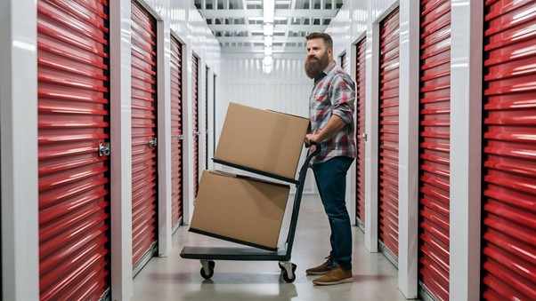 Pracownik przewozi kartony w korytarzu self storage – boksy magazynowe w Katowicach