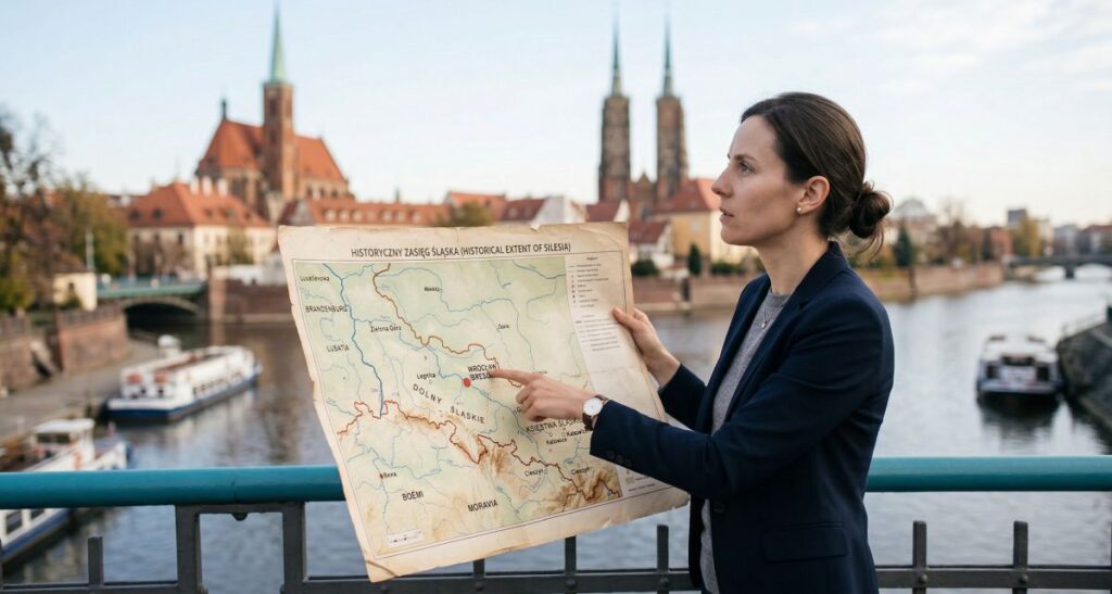 Kobieta we Wrocławiu trzyma mapę historycznego Śląska, analizując geograficzną zagadkę stolicy regionu