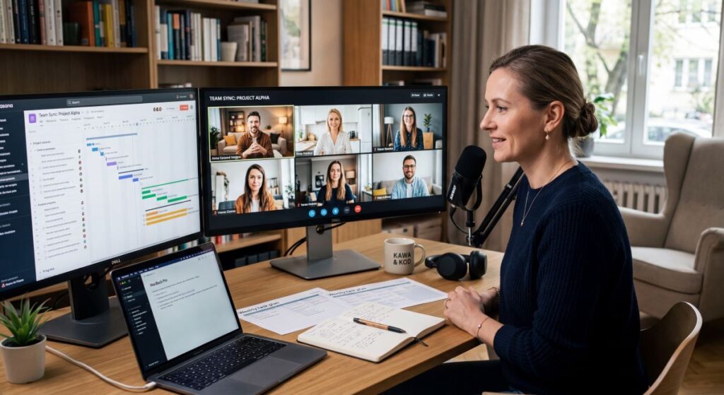Kobieta prowadzi spotkanie online i zarządza zespołem w cyfrowym środowisku pracy
