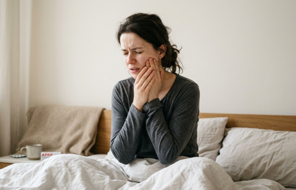 kobieta trzymająca się za policzek w wyniku bólu zęba