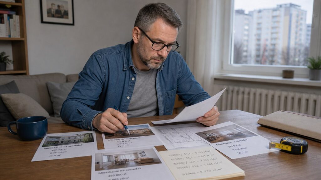 Właściciel mieszkania porównuje dokumenty i wydruki ofert przy stole, ocenia wartość lokalu