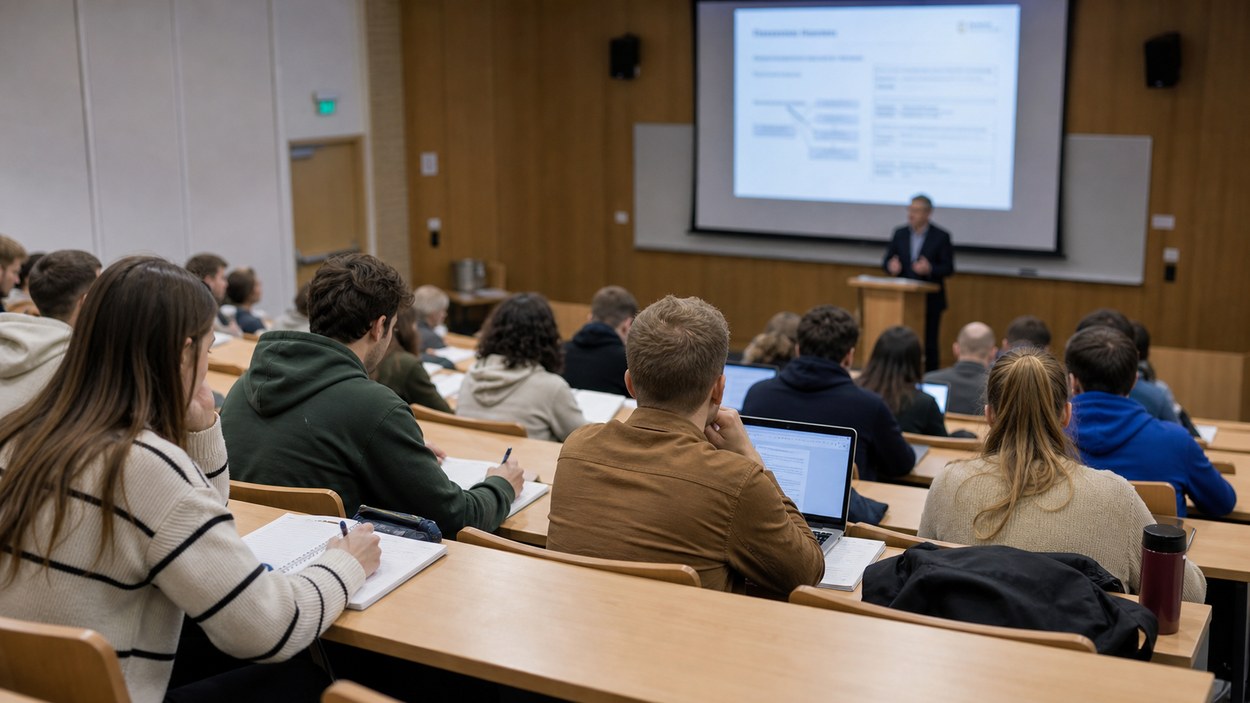 Studenci na wykładzie z kryminologii słuchają i notują w sali uniwersyteckiej