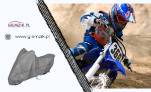Pokrowiec na motocykl Giemzik.pl i motocyklista na torze motocrossowym