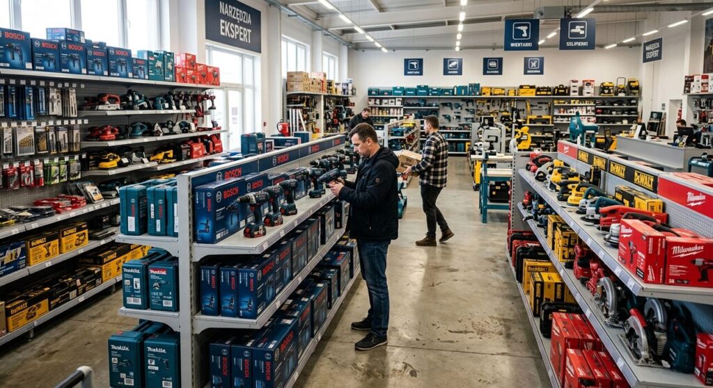 Klienci wybierający elektronarzędzia i akcesoria w sklepie narzędziowym.