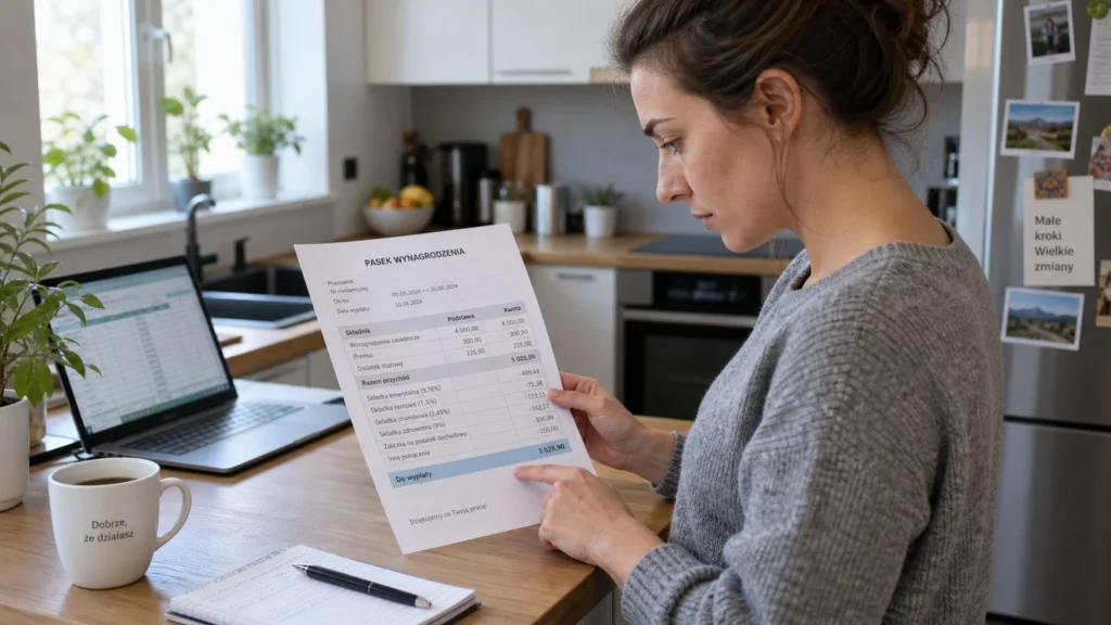 Kobieta w kuchni analizuje pasek wypłaty z widoczną pozycją potrącenia komorniczego, obok laptop