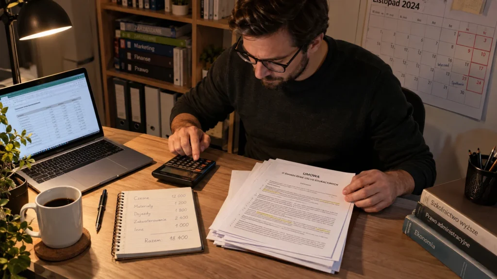 Student przy stole liczy koszty studiów na kalkulatorze, obok wydruk umowy z uczelnią i notes