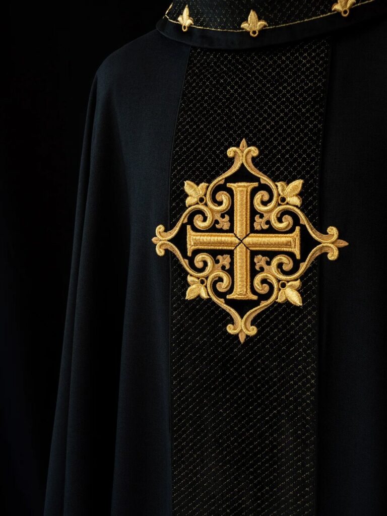Czarna szata liturgiczna ozdobiona złotym haftem krzyża i ornamentami religijnymi.